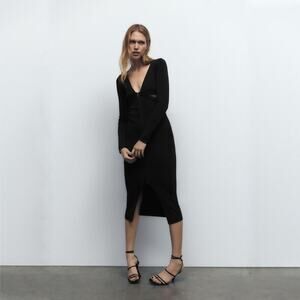 2/$30 ZARA Knit Dress with Contrast Detail V-Neck Long Sleeve Black Small #8354